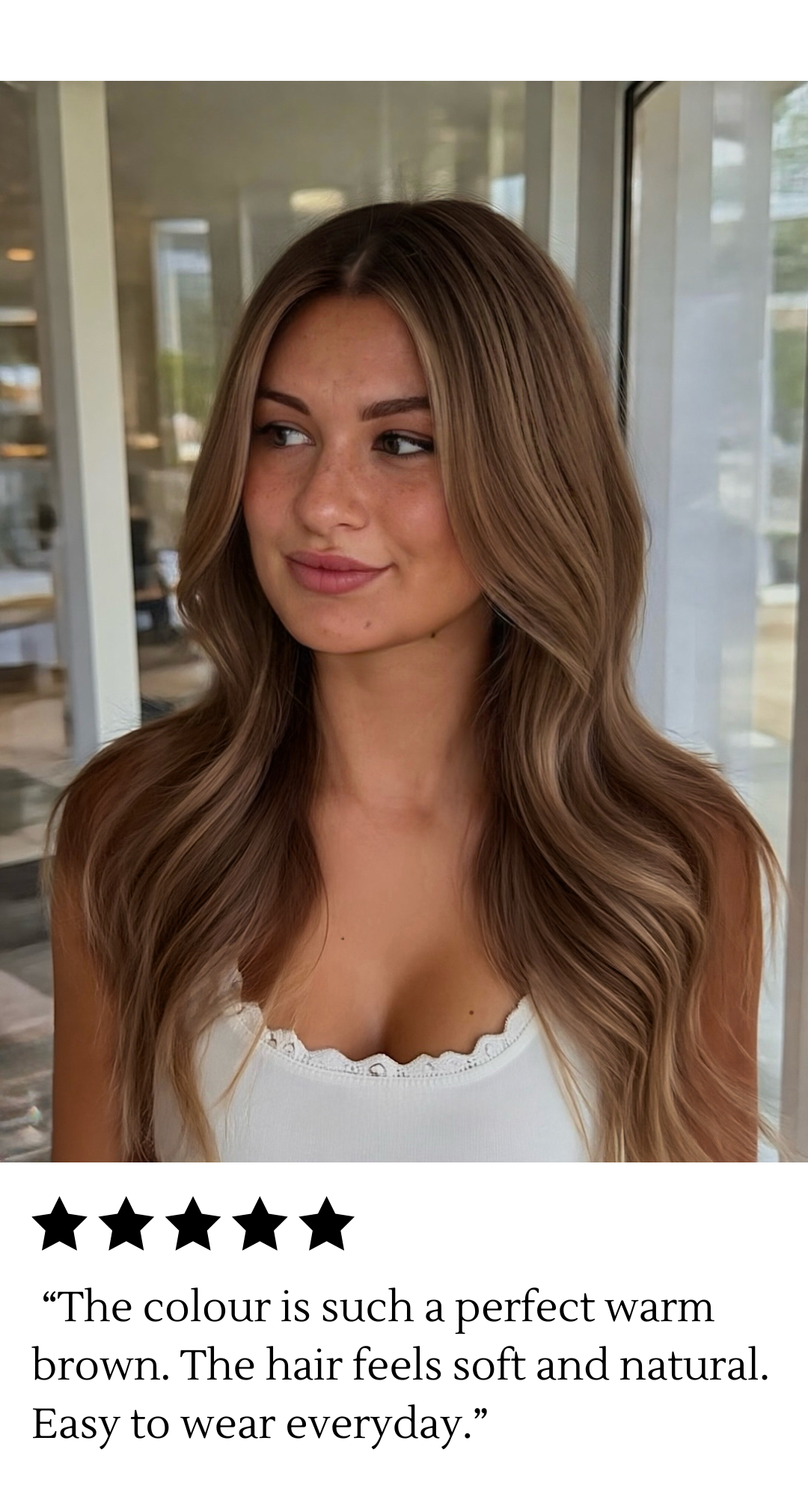 Real hair loss customer review photo featuring Teddy Bear Bronde lace top human hair wig with soft texture and natural warm tone.