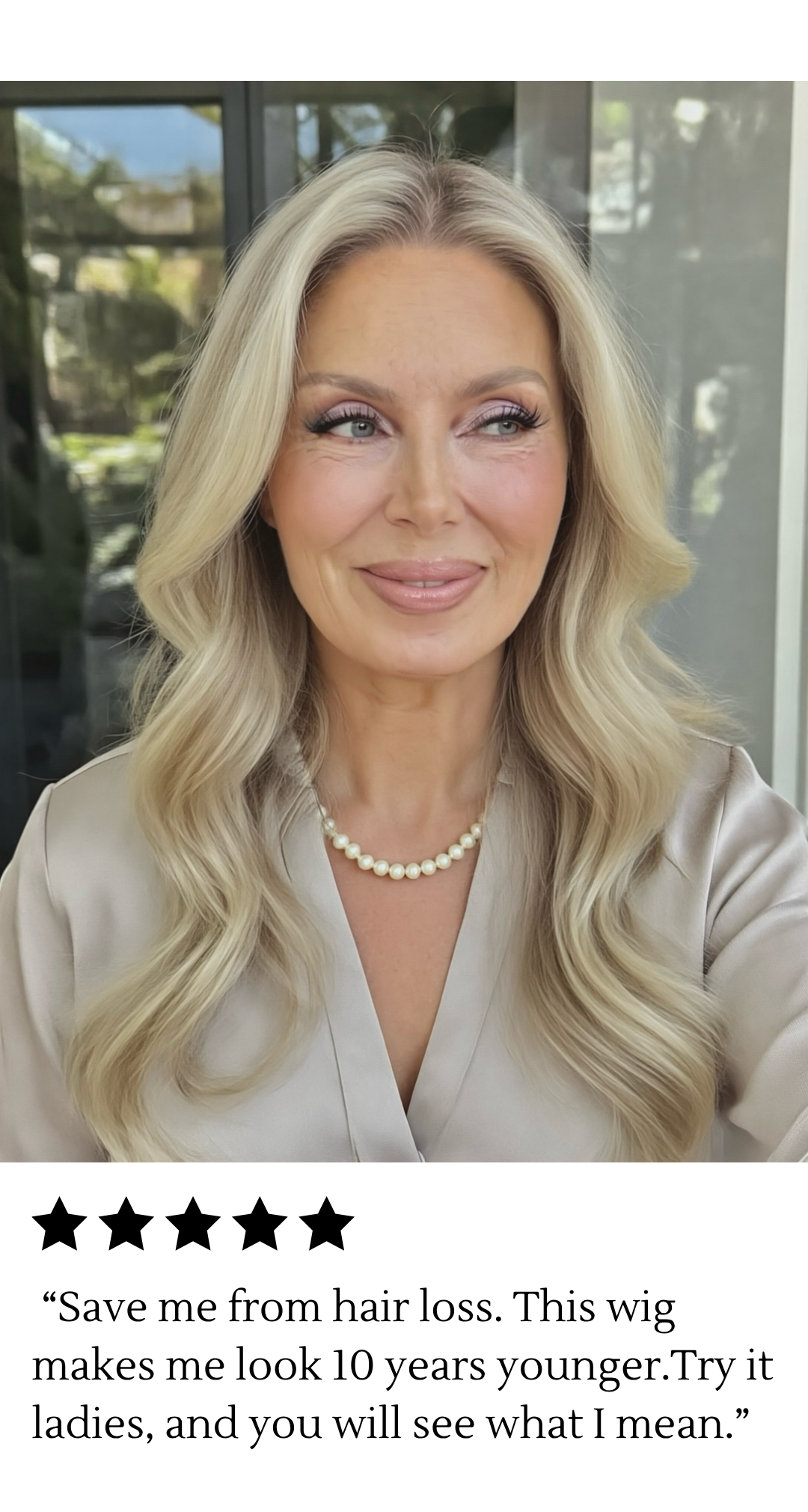 Real customer showing Low Key Ash Blonde lace top human hair wig with a cool neutral shade and seamless scalp blend.