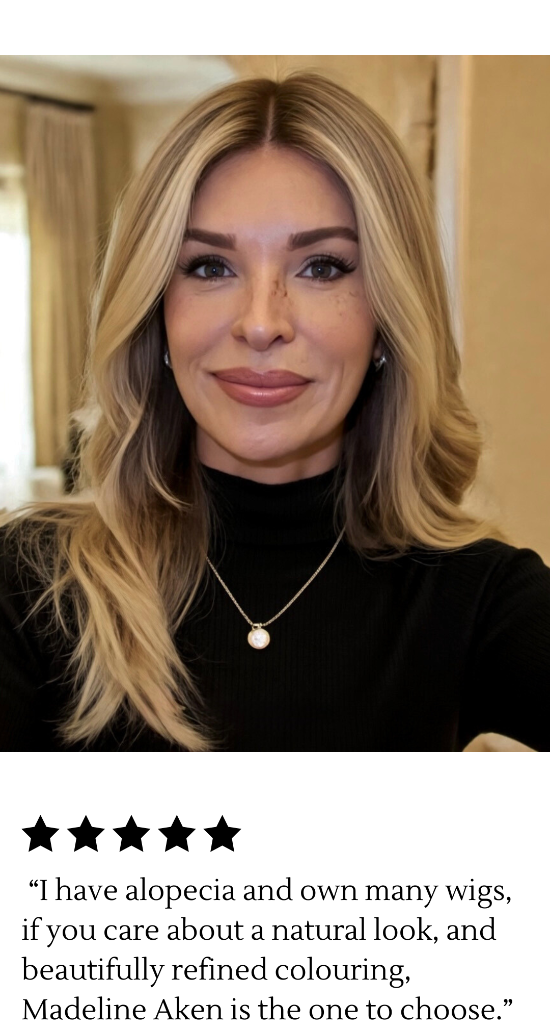 Real alopecia customer wearing Fits All Neutral Creamy Blonde lace top human hair wig with balanced tone and perfectly styling.