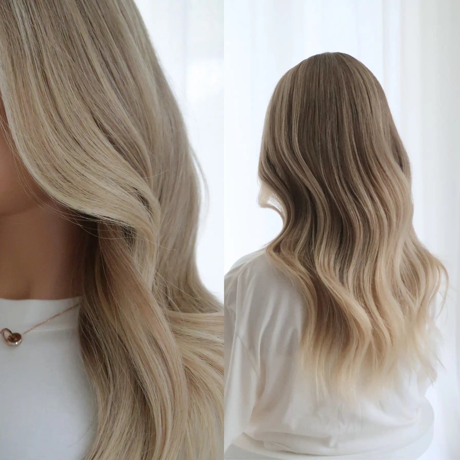 Detailed texture view of the Fits All creamy blonde Remy wig, revealing a luminous neutral blend of warm and cool tones that enhance depth and shine.