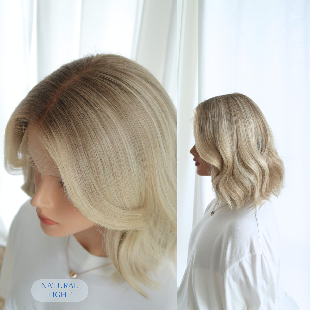 Side profile of the Healthy Butter Blonde Chic Bob under natural light, revealing its creamy undertones and luminous, healthy finish