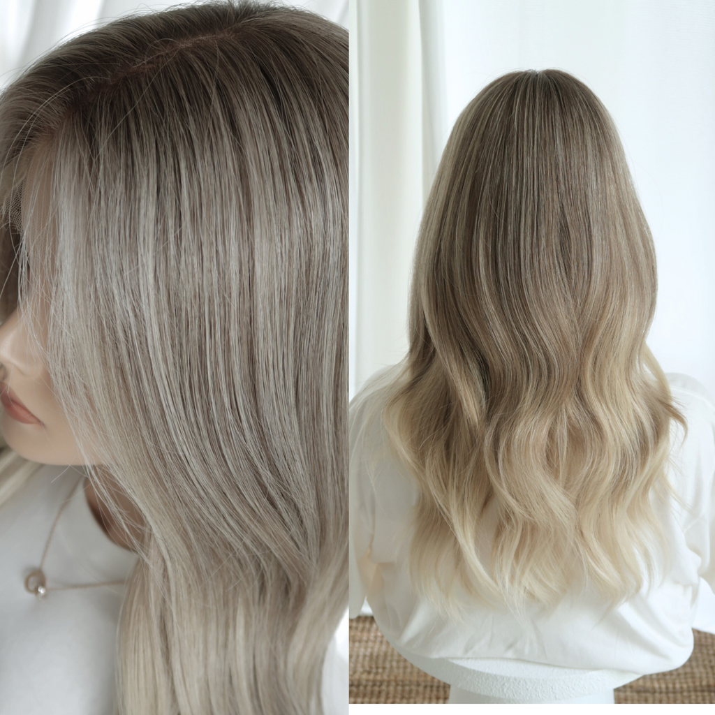 Soft ash blonde human hair wig with dark rooted blend and lighter blonde ends