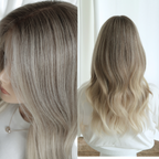 Soft ash blonde human hair wig with dark rooted blend and lighter blonde ends