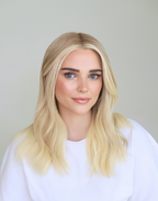 Close-up of Chantilly vanilla blonde hair color, highlighting fine babylights, subtle root shading, and softly blended blonde tones.