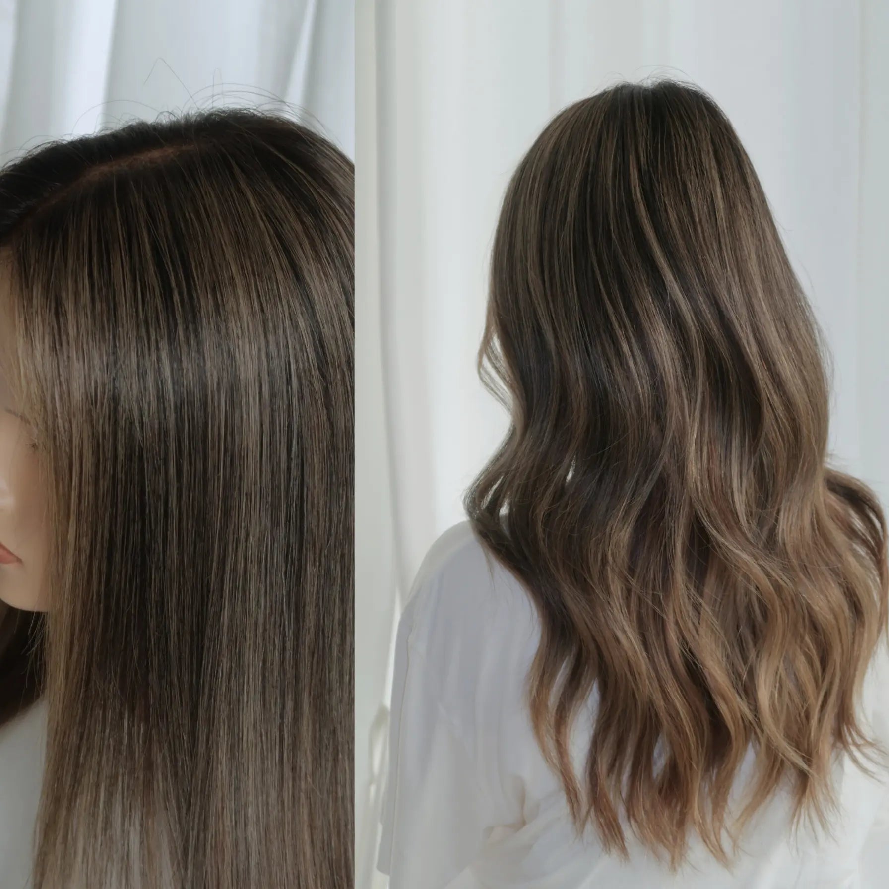 Back view of dark caramel highlight brunette human hair wig, 20 inch, showing smooth texture and length