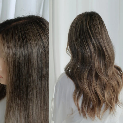 Back view of dark caramel highlight brunette human hair wig, 20 inch, showing smooth texture and length