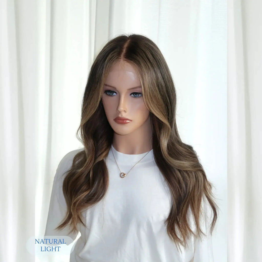 Dark Caramel Highlight Brunette human hair wig with glueless lace front, 20 inch length, soft subtle highlights