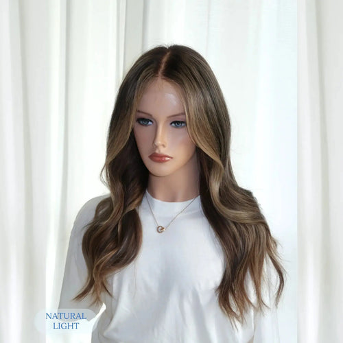 Dark Caramel Highlight Brunette human hair wig with glueless lace front, 20 inch length, soft subtle highlights