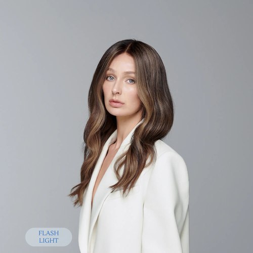 Side view of dark caramel highlight brunette human hair wig, 20 inch, showing face-framing design and subtle highlights