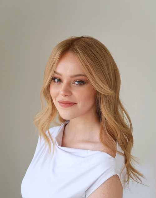 Front view of Apricot golden ginger blonde Remy human hair wig
