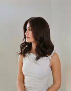 Model wearing Brunello glueless Remy human hair wig with natural movement