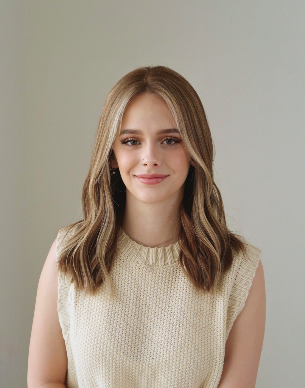 Front view of Marlowe chestnut brown Remy human hair wig with fine golden highlights