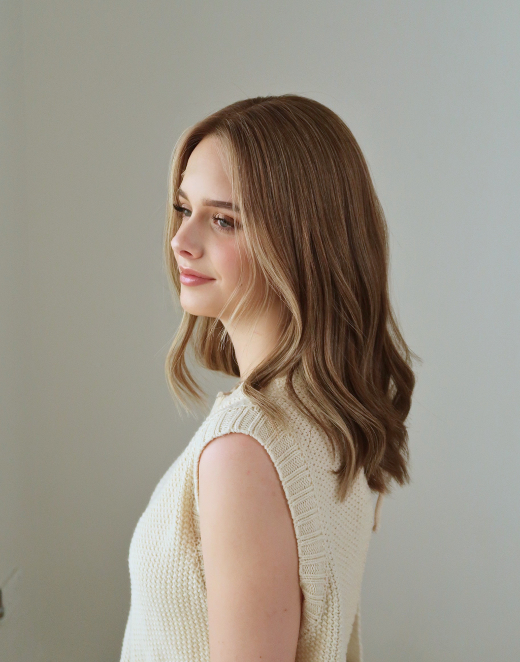 Marlowe chestnut brown lace top wig in natural daylight showing soft golden dimension