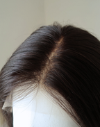 Lace top parting detail on Sable natural black raw human hair wig