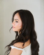 Model wearing Sable glueless raw human hair wig with natural movement
