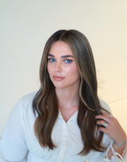 Front view of Truffle deep brunette human hair wig with defined toffee babylights
