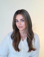Side profile of Truffle deep brunette human hair wig with fine dimensional babylights