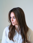Model wearing Truffle deep brunette glueless human hair wig with natural movement