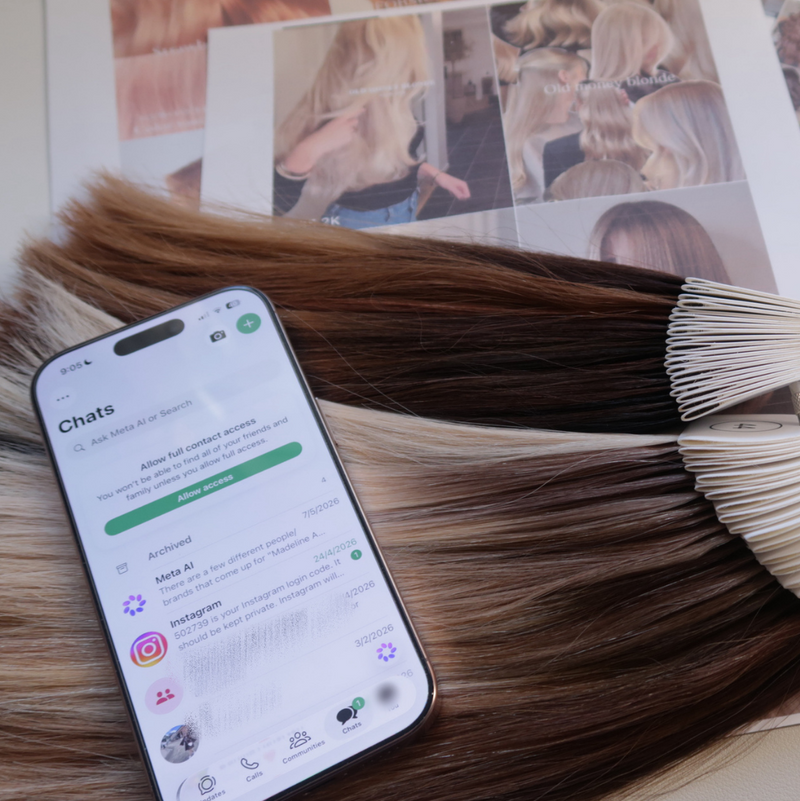 Mobile phone beside hair swatches and representing Madeline Aken's WhatsApp messaging support for wig 