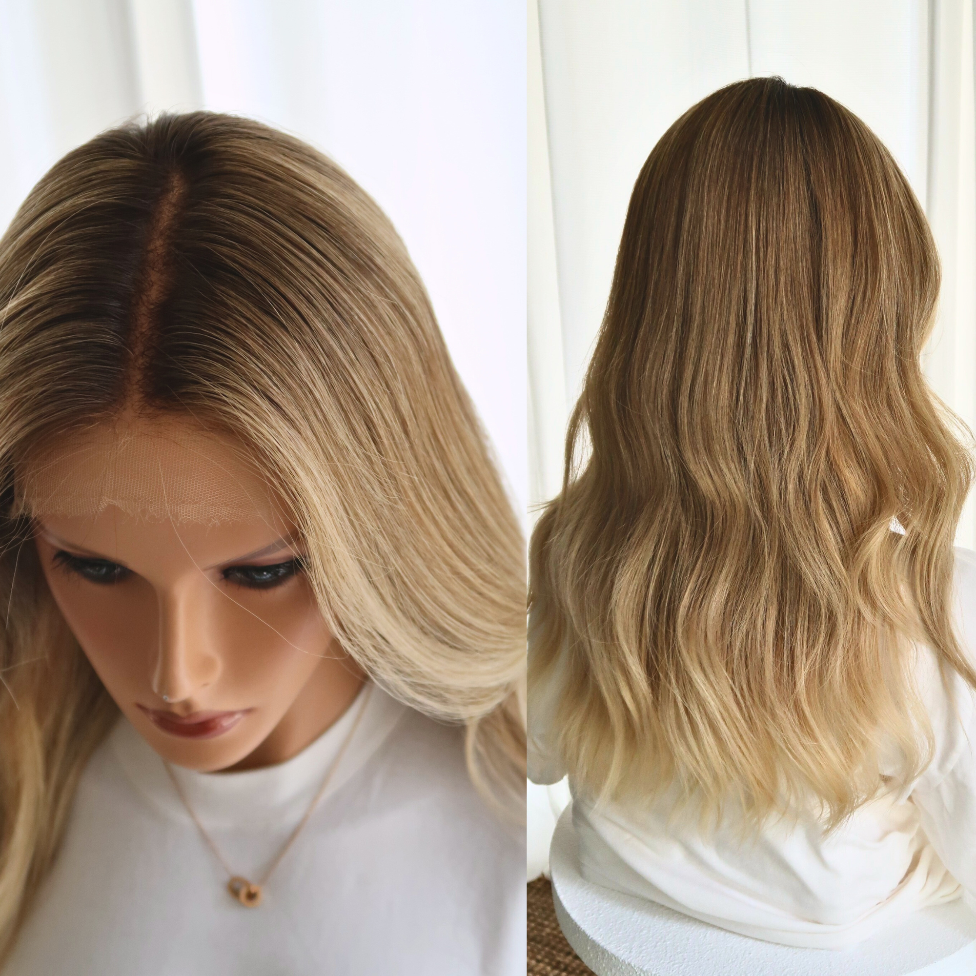 Back view of sunkissed honey blonde human hair wig, 20 inch length, smooth texture and soft waves