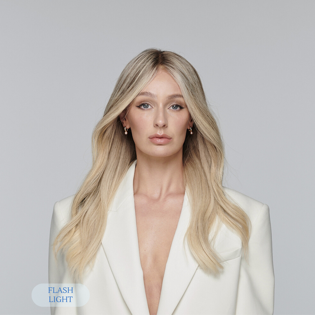 model wear Cool toned ash blonde human hair wig with soft dimensional color