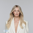 model wear Cool toned ash blonde human hair wig with soft dimensional color