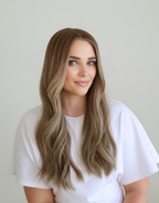 Serein mushroom ash bronde Remy human hair wig by Madeline Aken, featuring muted brown tones and softly blended ash highlights.